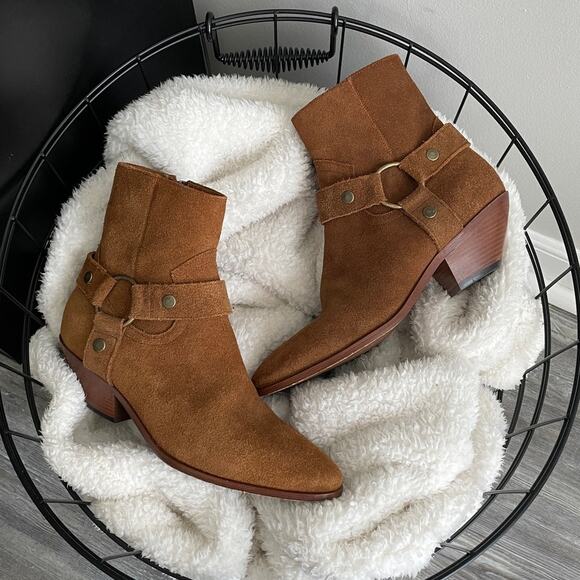 Saint Laurent Shoes - Authentic Saint Laurent Brown Suede Leather Harness Pointed Ankle Boots